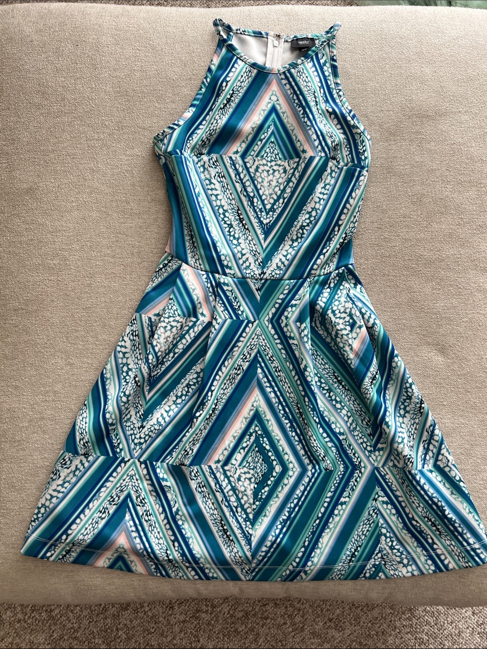 Massimo Blue and White Geometric Patterned Mini Scuba Dress